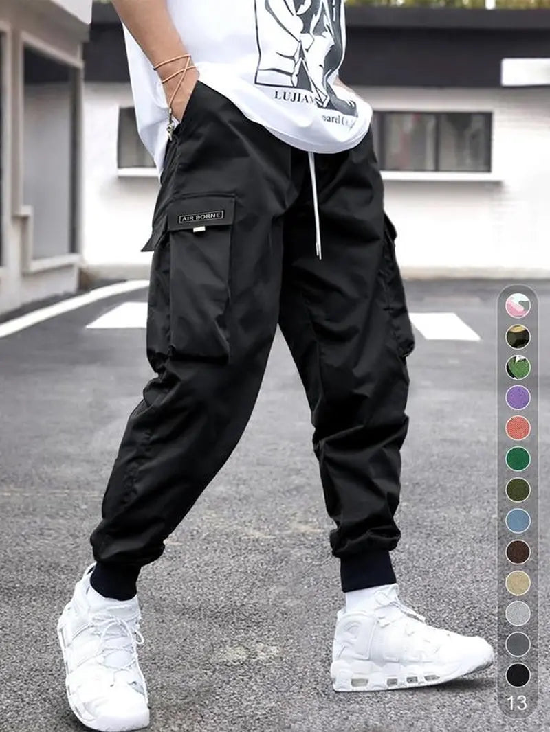 Men'S Flap Pocket Drawstring Cargo Pants, Loose Drawstring Waist Jogger Trousers, Summer, Men Clothes, Please Purchase a Size Up